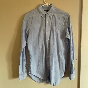 Ralph Lauren light blue checker with pink embroidered polo log collar shirt